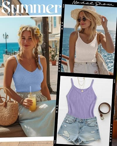 Yearntown 3 Pack Women's Ribbed Tank Tops Spaghetti Strap V Neck Slim Fit Cotton Camisole Knit Basic Sleeveless Camis Shirts thumbnail 4