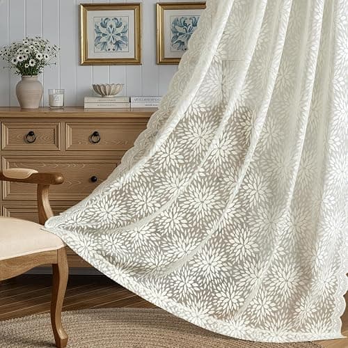 MIULEE Vintage Floral Scalloped Lace Curtains 2 Panels, Ivory 52" W x 63" L | Victorian Decorative Design, Short Semi Sheer Curtains, Light Filtering Rod Pocket Panels for Bedroom Living Room thumbnail 3