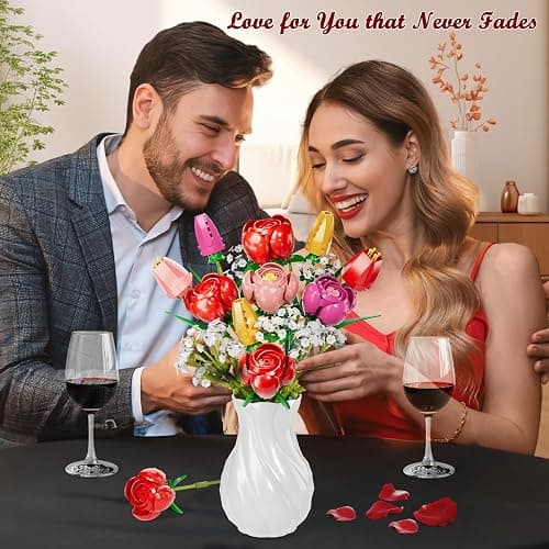 Rose Tulips Flowers Building Blocks Bouquet Set, Red Rose Artificial Flowers for Office or Home Decoration, Valentine's Day, Mother's Day, for Women, Adults, Kids, Girls, No Vase thumbnail 5
