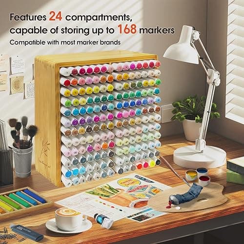TIKSPCAE Marker Organizer for 168 Markers,Bamboo Wooden Desk Storage Organizer Rack,Markers Pens Pencils Art Brushes Storage Holder for Home Classroom Office Decor. thumbnail 2