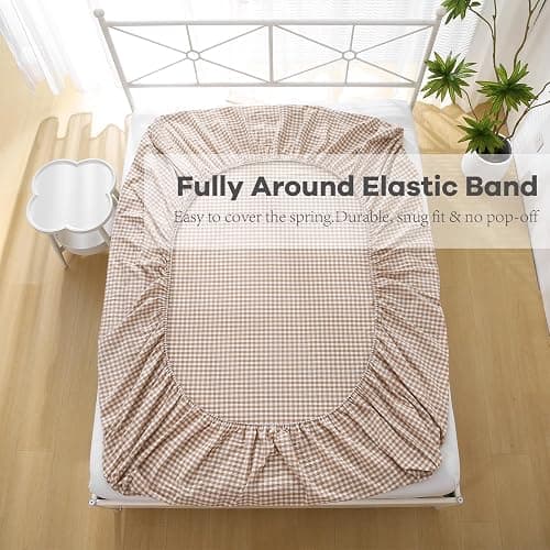 K MASANIJI Taupe White Plaid Ruffle Sheets Queen Size 4-Piece Set, 300TC 100% Yarn Dyed Washed Cotton Checker Sheets 18'' Deep Pocket Farmhouse Gingham Decorative Bedding（Taupe/White Plaid, Queen） thumbnail 4
