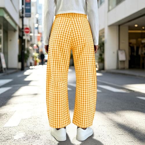 Women Barrel Checkered Pants High Waistband Baggy Lounge Trousers Fashion Plaid Wide Leg Pant with Pockets thumbnail 6
