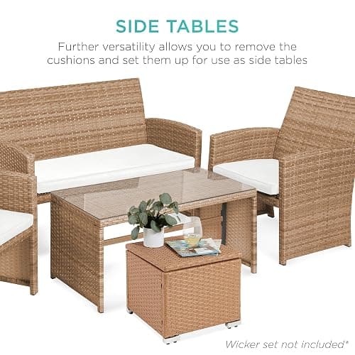 Best Choice Products Set of 2 Wicker Ottomans, Multipurpose Outdoor Furniture for Patio, Backyard, Additional Seating, Footrest, Side Table w/Storage, Removable Cushions - Natural/Ivory thumbnail 9
