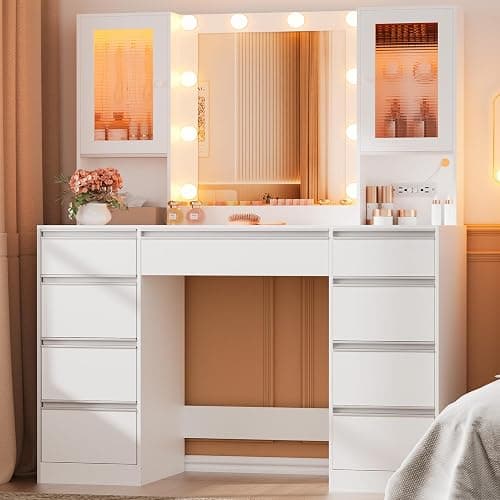 ERLEJIA Vanity Desk with Mirror and Lights, 42.52" 9 Drawer Makeup Table with 2 RGB Lighting Cabinets and Power Outlet for Girls and Ladies Bedroom, White - Image 1