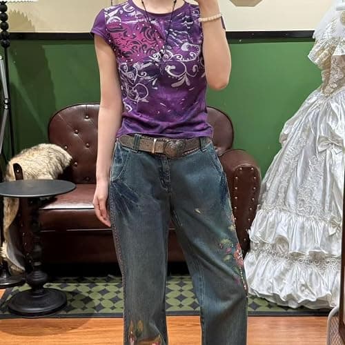 Emo Grunge Shirts Y2k Goth Short Sleeve Tops 2000s Harajuku Fashion Mcbling Vintage Graphic Streetwear Women Tops thumbnail 5