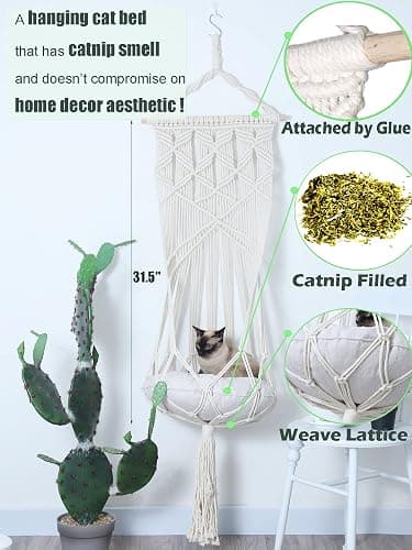 KARCEEY Macrame Cat Hammock Hanging Cat Bed with Catnip Cushion and Hanging Kit (1.Macrame Hammock with Bed) thumbnail 4