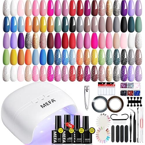 MEFA Gel Nail Polish Kit with U V Light, 32 Colors All Seasons Soak Off 60 Pcs Gel Polish Nail Set with Matte/Glossy Glitter Base Top Coat Manicure Tools Nails DIY Decorations Gifts for Women - 1-All Seasons Rosemary