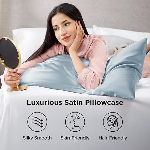 Bedsure Satin Pillowcase 2 Pack Similar to Silk Pillow Cases Standard Size, Pillow Case for Sleeping Women with Envelope Closure, Gifts for Women Men, Stone Blue, 20x26 Inches, 2pcs thumbnail 2