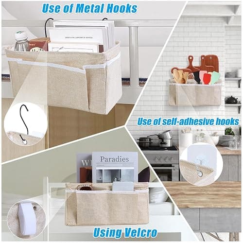 Muximud Bedside Caddy Bedside Storage Organizer, 2 Pack Wall Hanging Storage Bag for Bunk bed Hospital Beds Dorm Bed Rails, Holders Books Glasses Phones Magazine(Beige) thumbnail 3
