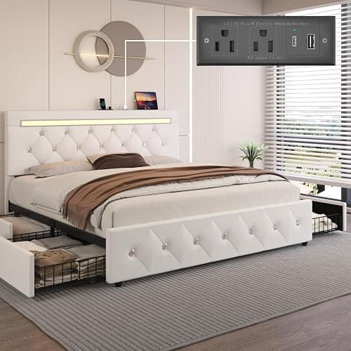Queen Size Bed Frame with 4 Storage Drawers and LED Light, Upholstered Platform Storage Bed with Adjustable Headboard and Charging Station, Metal Slats Support, No Box Spring Needed, No Noise, White - Image 1