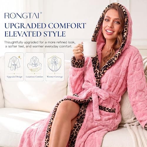 RONGTAI Women's Coral Fleece Long Robe Bathrobe, Jacquard Hearts | Thick coral fleece brings quick lasting warmth, jacquard hearts & textured patterns add a refined cozy home look thumbnail 2