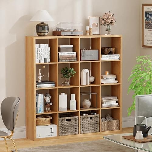Jpiziso 16-Cube Storage Organizer Bookcase, Thick Frame Wood Grain Storage Shelf, Rectangular Cube Open Back Display Unit, 48.8x9.4x48.8 Inches for Living Room, Bedroom, Home Office, Natural Wood - Image 1