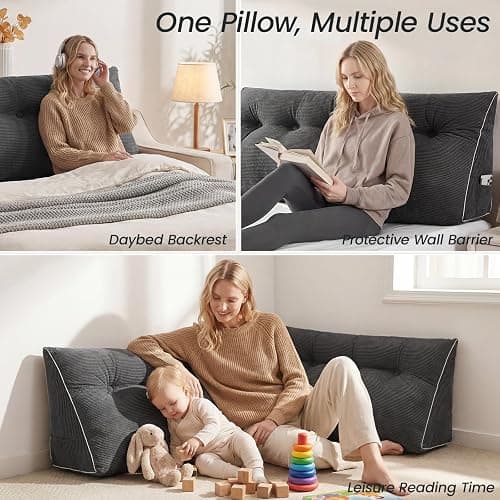 Sasttie Headboard Pillow Twin/Twin XL, Wedge Pillow Headboard for Dorm, Triangular Daybed Backrest Cushion for Sitting or Reading in Bed, with Removable Washable Cover, Dark Grey thumbnail 4