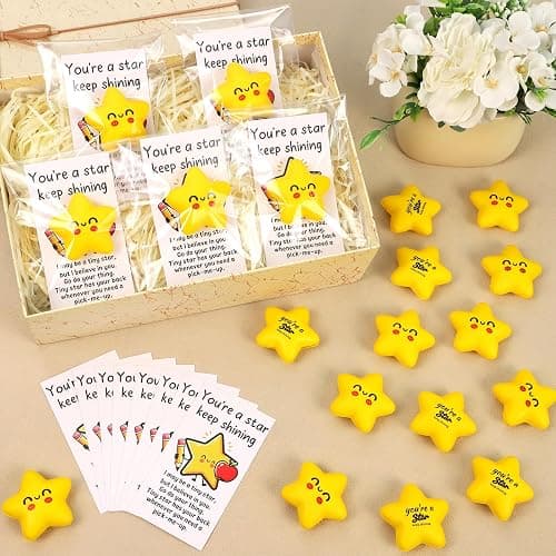 Natonhi 36 Pack Back to School Gifts for Students, Yellow Smile Squeeze Star Squishy Stress Balls Bulk with Blessing Cards for First Day of School Classroom Prizes Party Favors Exchange Gifts thumbnail 5