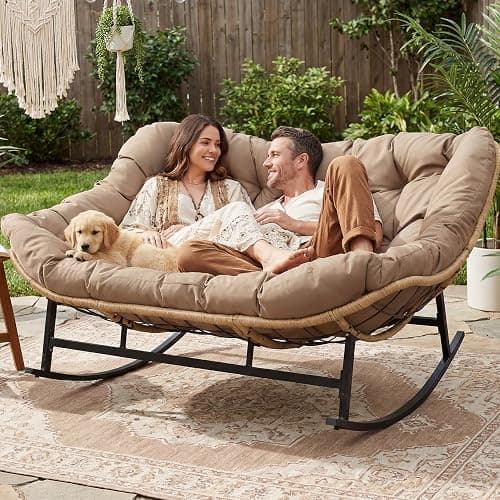 NICESOUL Double Large Papasan Chair Outdoor, Oversized 2 Person Egg Rocking Chair with Cushions, 700 lbs Heavy-Duty Wicker Loveseat Recliner Glider for Outdoor & Indoor Patio, Balcony & Garden, Brown thumbnail 8