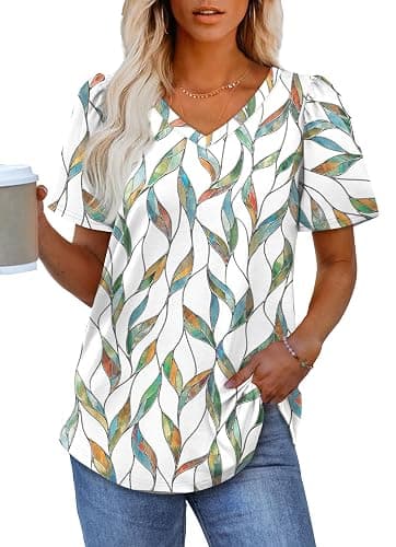 OFEEFAN T Shirts for Women V Neck Dressy Casual Blouses Puff Short Sleeve Summer Tops Loose Fit thumbnail 2