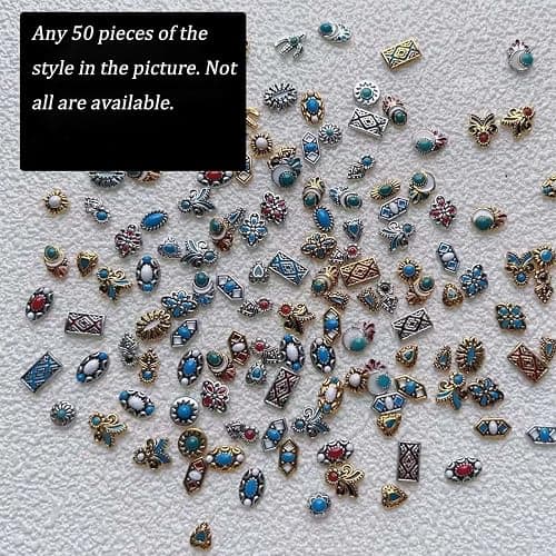 ONPRESS 50Pcs Colorful Rock Nail Charms Retro Metal Bohemia Nail Art Charms Retro Alloy Turquoise Totem Nail Diamonds 3D Western Blue White Pink Marble Gems Jewel Accessories for Manicure Art DIY thumbnail 2