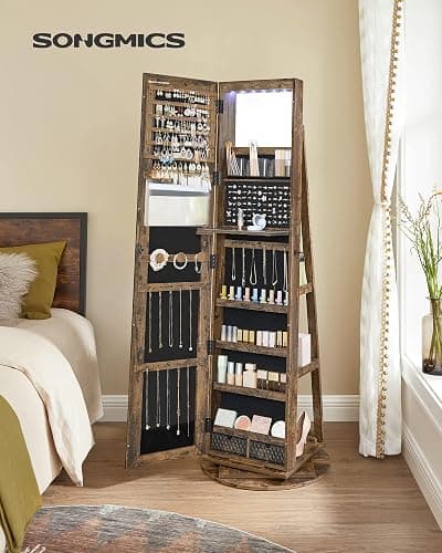 SONGMICS 6 LEDs Lockable Mirror Jewelry Cabinet, 360° Swivel Jewelry Organizer Armoire Standing, Frameless Full-Length Mirror, 3 Storage Shelves, Christmas Gifts, Rustic Brown and Black UJJC007X01 thumbnail 9