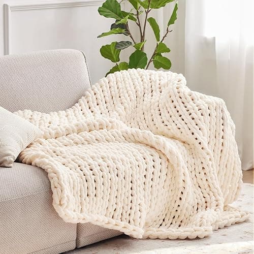 Negwoo Chunky Knit Throw Blanket, 50''*60'' Knitted Throw Chenille Yarn for Bed Couch, Handmade Cream Crochet Big Thick Blanket, Machine Washable Cute Comfy Blanket for Home Decor thumbnail 3
