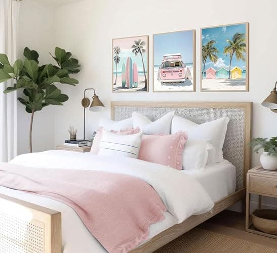 3Pcs Pink Beach Wall Art Tropical Teen Girl Coastal Canvas Poster Print Surfboard Palm Picture Wall Decor for Beach Room Bathroom Living Room Bedroom 12x16in Unframed thumbnail 9