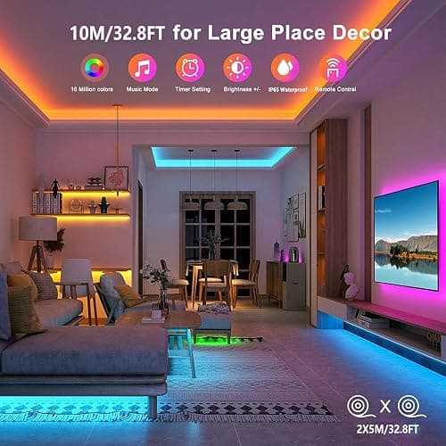 Kousee LED Strip Lights 32.8FT, IP65 Waterproof LED Lights Strip with Music Remote Control, 5050RGB Color Changing Light Strip, Easy Installation LED Lights Strip for Bedroom, Ceiling, Kitchen thumbnail 2