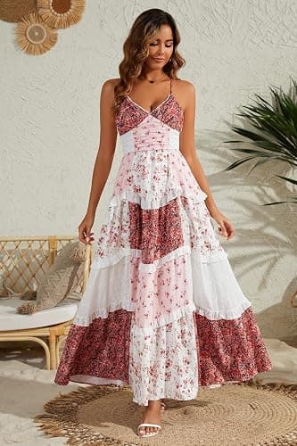 Women Floral Maxi Dress Spaghetti Straps V Neck Lace Patchwork Flowy Tiered Boho Beach Sundress Long Dresses thumbnail 2