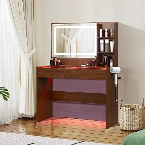 Cielozen Vanity Desk，Transparent Desktop, Multiple Color Ambient Lights, with Mirror and Tri Color Light Strip, Dressing Table with Charging Station, Equipped with 2 Drawers, Peach Colored - Image 1