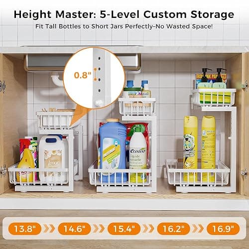 ENRUNEST Under Sink Organizer,2 Pack Under Kitchen Sink Organizer,2 Tier Sliding-Out,5 Level Height Adjustable,Thickened Carbon Steel,Anti-rust Treatment,For Kitchen Bathroom White thumbnail 6