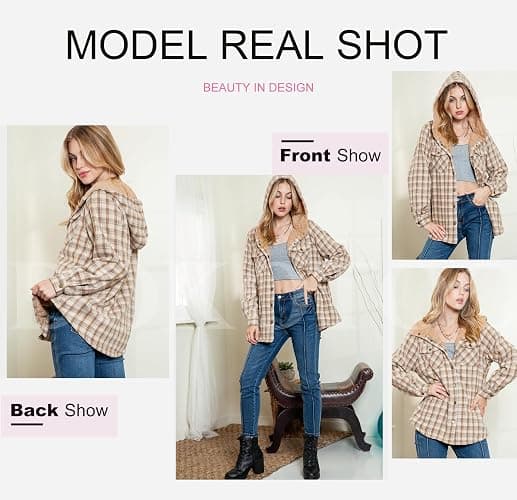 Dokotoo Womens Plaid Shacket Jacket Long Sleeve Button Down Fleece Hooded Jackets Warm Coat thumbnail 4