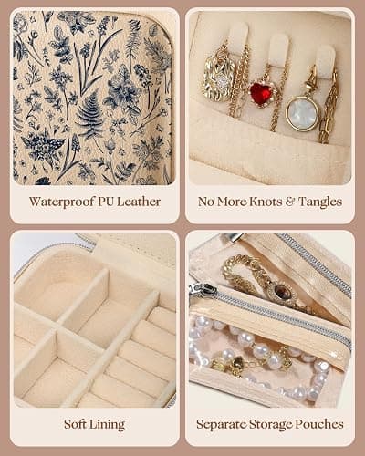 Bistup Travel Jewelry Case - Small Jewelry Organizers and Storage Box for Women Girls Teens Cute Traveling Jewelry Holder with Mirror Little Tiny Compact Modern Unique Aesthetic Pretty, Blue Floral thumbnail 5