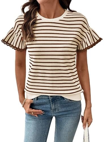 SHEWIN Women Summer Loose Fit Tops Trendy Rib Knit Stripe Shirt Business Dressy Casual 2026 - Image 1