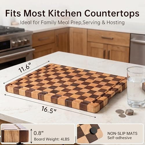 THETCHRY Cutting Boards for Kitchen, Checkered Cutting Board Upgraded, Acacia Wood Chopping Board with Juice Grooves & Handles, Large Butcher Block Serving Tray with Gift Box, 17"X12"X0.8" thumbnail 3