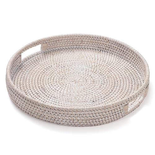 13.8 inch Round Rattan Tray, Decorative Coffee Table Tray, Ottoman Tray, Woven Serving Tray with Handles, Wicker Serving Basket, Whitewash thumbnail 9