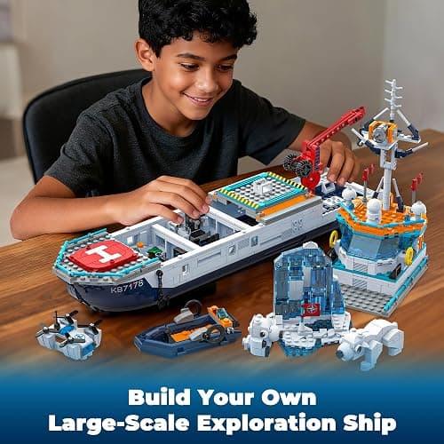 Glikid City Boat Building Set with LED Lights - Arctic Explorer Ship Toy Gift for 8 Year Old Boys and Girls, with Helicopter, Drone, Speedboat, Submersible, Iceberg, and Polar Bears thumbnail 5