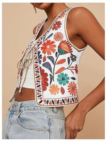GORGLITTER Women's Tie Front Vest Top Country Concert Western Cowgirl Outfit Floral Vest thumbnail 2