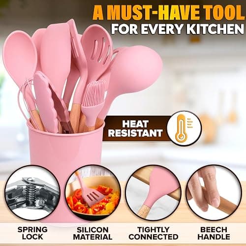 Kitchen Utensils Set with Holder for Nonstick Cookware - 12 Pcs Pink Silicone Cooking Utensils Set, Kitchen Tools for Daily Cooking - Wooden Handle Cooking Tools for Baking Serving and Mixing Tasks thumbnail 3