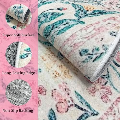 LKTRYFAM Machine Washable Floral Rugs for Living Room 3x5 Area Rugs, Vintage Non Slip Bedroom Rugs Ultra-Thin Soft Rug, Boho Low-Pile Throw Rug Stain Resistant Carpet for Girls Room Dorm (3x5ft,Pink) thumbnail 4