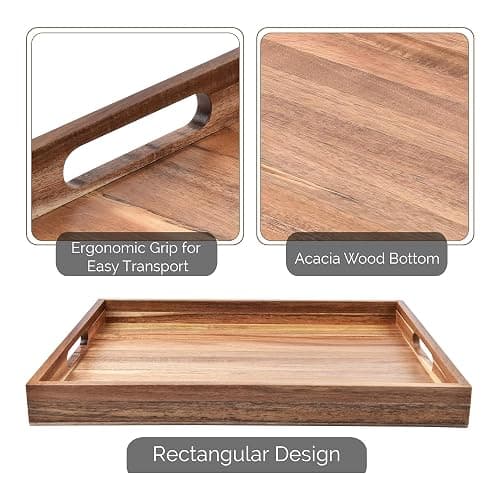 Acacia Wood Serving Tray with Handles Set of 2 – Decorative Serving Trays Platter for Breakfast in Bed, Lunch, Dinner, Patio, Ottoman, Coffee Table, BBQ, Party –Great for Lap &Couch thumbnail 6
