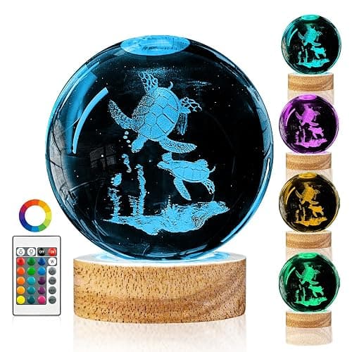 3D Sea Turtle Crystal Ball Night Light with 16 Color LED Wooden Base, Large 3.15 Inch Sea Turtle Glass Ball Lamps with Remote Cool Birthday Christmas Turtle Decor Gifts for Boys Girls Friends - Image 1