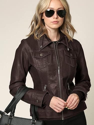 Made By Johnny Faux Leather Jacket Women Motorcycle Coat for Biker with Removable Hood thumbnail 3