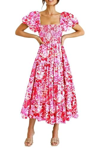 PRETTYGARDEN Women's Smocked Midi Wedding Guest Dress | Puff Short Sleeve, Square Neck A Line, Tiered Ruffle Hem, Long Dresses, Beach Vacation, Cocktail Party, Summer Outfits - Image 1