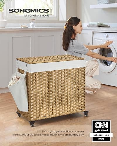 SONGMICS Laundry Hamper with Lid, 37 Gallons (140 L), Rolling Laundry Basket with Wheels, 3-Section Synthetic Rattan, Removable Liner, Bedroom, 26 x 13 x 26 Inches, Natural ULCB363N01 thumbnail 3