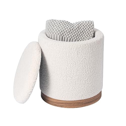 Joveco Round Storage Ottoman with Removable Lid, Boucle Small Upholstered Padded Vanity Foot Rest Stool for Living Room, Bedroom, Dorm, White with Oatmeal Wood Grain Trim - Image 1
