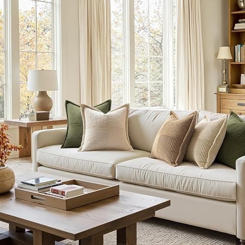 MIULEE Decorative Throw Pillow Covers for Couch Bed Livingroom 18x18 Inch Set of 2 Beige Boho Accent Throw Pllows Broadside Striped Patchwork Soft Corduroy Pillowcases thumbnail 8