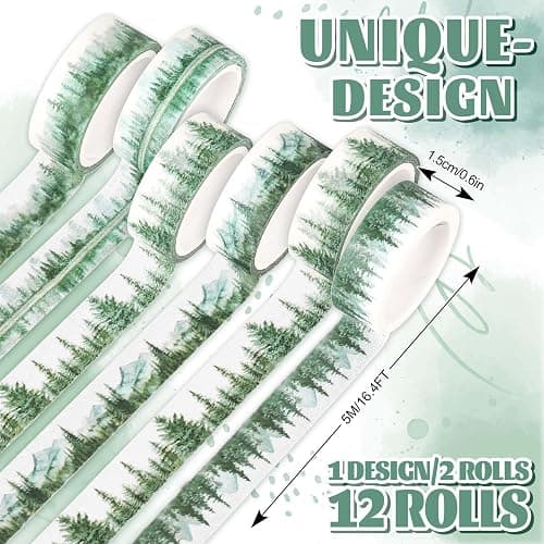 Whaline 12 Rolls Forest Washi Tape Greenery Washi Tape 6 Designs Assorted Nature Green Tree Masking Decorative Tape for Scrapbook Journal DIY Art Craft Gift Wrapping Supplies thumbnail 2