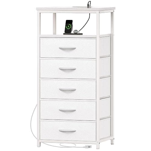 Huuger White Dresser with 5 Drawers & Charging Station, Tall Dresser for Bedroom, Tall Night Stand with PU Leather Finish, Open Shelf, Nightstand for Bedroom, Closet, Hallway, Entryway - Image 1
