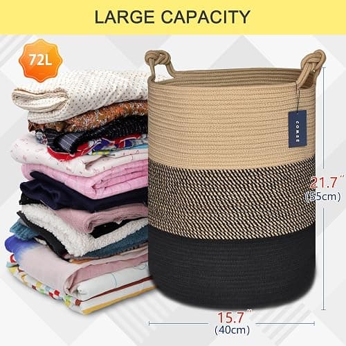 COMSE Extra Large Blanket Basket, Tall Woven Storage Basket, Nursery Hamper, 15.7”x 21.7”, Cotton Rope Laundry Hamper for Toys Clothes Towels, Brown/Black thumbnail 3