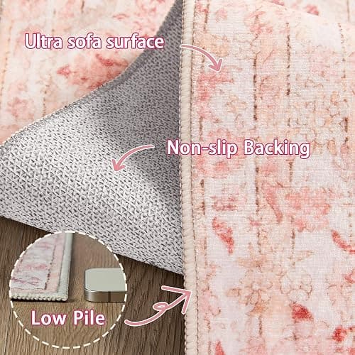 Latte&Fog Washable Pink Rug, Vintage 5x7 Area Rugs for Girls Bedroom,Living Room,Cute Nursery Dorm, Floral Non Slip Low Pile Soft Carpets for Classroom Kids Playroom Kitchen Dining Room Office thumbnail 8