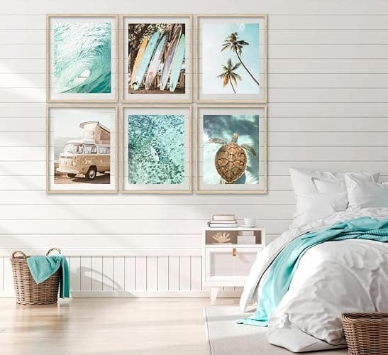 EVPYXFUT Set of 6 Tropical Beach Canvas Wall Art Surf Poster Summer Ocean Coastal Pictures Turtle Print Palm Tree Surfboard Gallery Paintings Nautical Bus Wall Decor for Bedroom Bathroom Unframed thumbnail 5