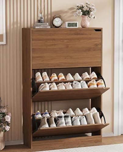 Shoe Storage Cabinet, Wood Shoe Organizer for Entryway with 3 Flip Drawers, Freestanding Shoe Rack with Adjustable Shelf, Narrow Shoe Dresser for Front Door Entrance (Walnut, Standard 3 Drawers) thumbnail 2